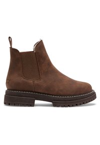 Brown ankle boot made of textured synthetic material, featuring elastic side panels, a rounded toe, and a thick sole with treads.