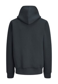 Haut à capuche gris foncé avec une grande capuche, des poignets côtelés et un ourlet. Texture lisse, design minimaliste, sans logos ni ornements visibles.