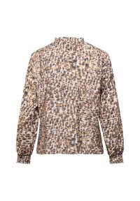 Langärmlige Bluse mit Rüschenkragen, beige Grundfarbe und braunem, orangefarbenem sowie grauem Leopardenmuster.