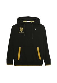 Sweat à capuche noir avec des accents jaunes sur les poches, les poignets et l'ourlet, doté du logo de Toulon avec trois étoiles et les années 2013, 2014, 2015 sur la poitrine.