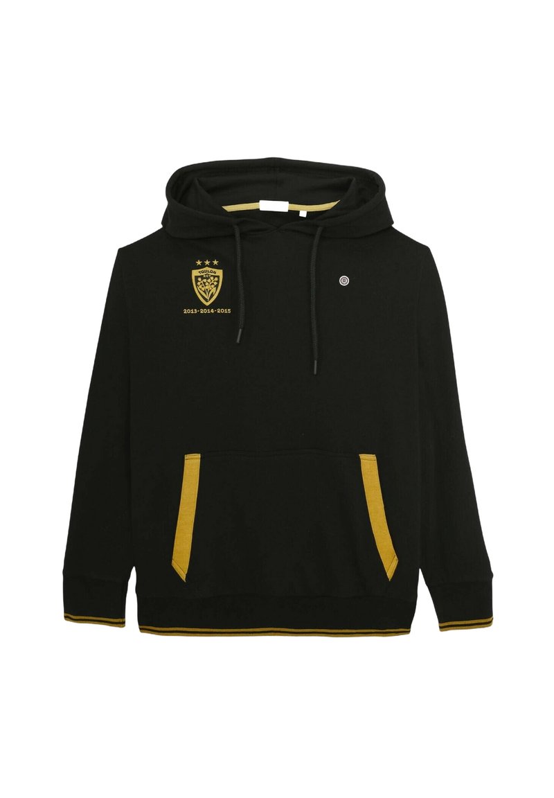 Sweat à capuche noir avec des accents jaunes sur les poches, les poignets et l'ourlet, doté du logo de Toulon avec trois étoiles et les années 2013, 2014, 2015 sur la poitrine.