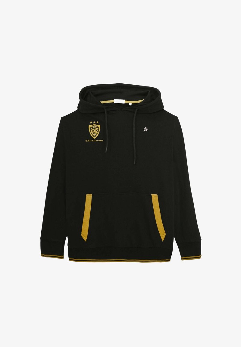 Sweat à capuche noir avec des accents jaunes sur les poches, les poignets et l'ourlet, doté du logo de Toulon avec trois étoiles et les années 2013, 2014, 2015 sur la poitrine.