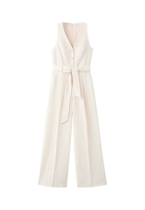 Mono sin mangas de color beige claro con botones en la parte delantera, piernas anchas, escote en V profundo y cinturón a juego de tela atado a la cintura.