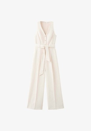 Mono sin mangas de color beige claro con botones en la parte delantera, piernas anchas, escote en V profundo y cinturón a juego de tela atado a la cintura.