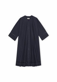 Kleid in Marineblau mit Knopfleiste, runder Ausschnitt, dreiviertel Ärmel und dekorativen Ausschnittdetails an den Ärmelenden und dem Saum.