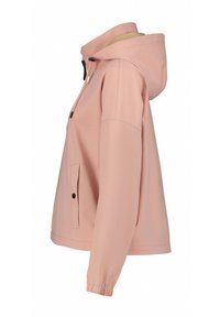 Helles rosa Jacket mit Kapuze, mit einem Reißverschluss auf der Vorderseite, elastischen Manschetten und einer Seitentasche. Glattes Material mit minimalem Nähdetail.