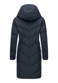 Dark navy blue long jacket with a hood, featuring a quilted chevron pattern and long sleeves. Soft texture, minimal hardware accents.