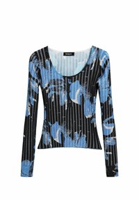 Bluză cu mâneci lungi, neagră și albastră, cu un design în dungi și modele florale, decolteu rotund și țesătură texturată.