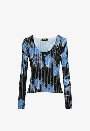 Top a maniche lunghe nero e blu con design a righe e motivi floreali, scollatura rotonda e tessuto strutturato.