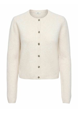 Cardigan bege claro feito de tecido suave, com gola redonda, mangas longas e sete botões decorativos na frente.