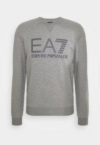 Grå sweatshirt med rund halsringning, långa ärmar och ribbad mudd. Har en "EA7 EMPORIO ARMANI"-logotyp i marinblått framtill.