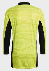 Long-sleeve shirt in bright neon yellow with black sleeves. Textured wavy pattern throughout. Black collar and cuffs. Lightweight fabric.