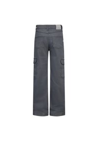 Grijze cargobroek van een katoenmix. Kenmerkt zich door wijde pijpen, twee zijzakken en dubbele achterzakken. Stevige stiksels en label op de tailleband.