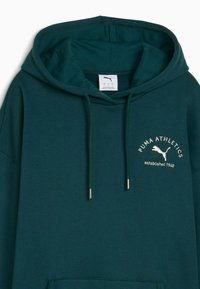 Felpa con cappuccio in cotone verde scuro, con tasca a canguro, ricamo del logo bianco e coulisse abbinata con terminali in metallo.