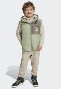 Gilet imbottito verde chiaro con pannello grigio, design ricamato; felpa beige in pile, pantaloni marroni con logo e sneakers alte nere.