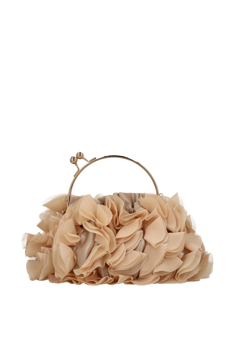 Beige satin clutchtaske med rynket stof på ydersiden, guldmetalramme og dekorativ lukning. Mål og indvendige detaljer ikke synlige.