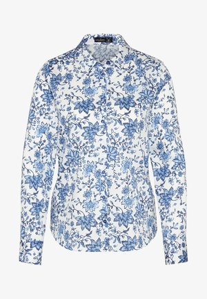 White long-sleeve button-up shirt with blue floral pattern and pointed collar.