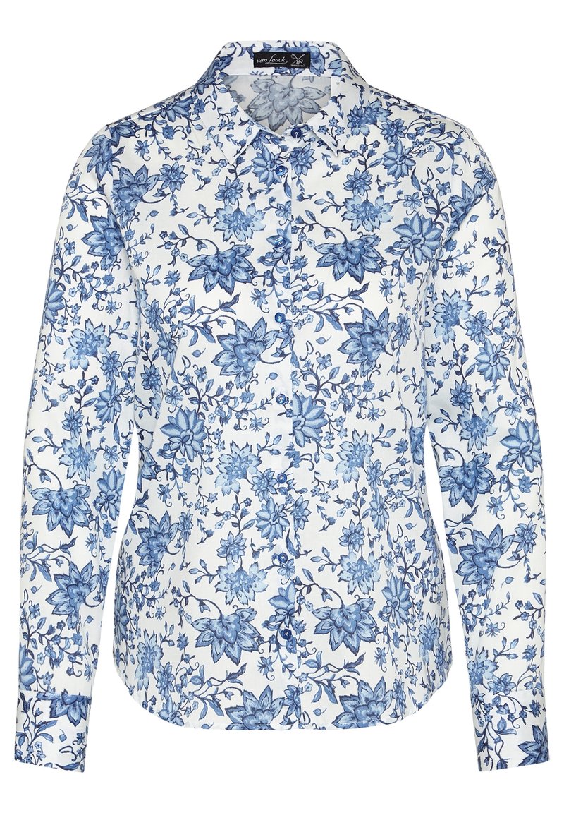 Valkoinen pitkähihaiseksi napitettu paita, jossa on sininen kukkakuosi ja terävä kaulus.