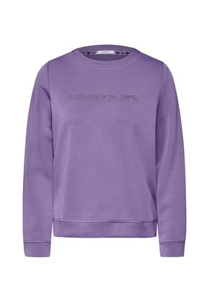 Paarse sweatshirt met lange mouwen, ronde hals en geribbelde boorden. Voorzien van een glinsterend tekstontwerp op de voorkant. Zachte textuur.