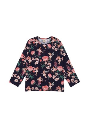 Marineblaues Langarmshirt mit pinkem und weißem Blumen- und Feenmuster, verziert mit Blättern und verstreuten Sternen.