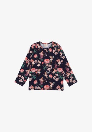 Marineblaues Langarmshirt mit pinkem und weißem Blumen- und Feenmuster, verziert mit Blättern und verstreuten Sternen.