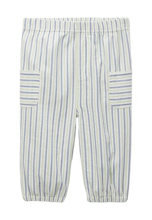 Pantalon léger avec des rayures verticales bleues, vertes et blanches, taille et poignets élastiques, et poches cargo sur les côtés.