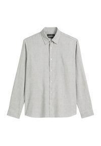 Chemise manches longues gris clair en tissu tissé. Dotée d'un col à boutons, de boutons à l'avant et d'ourlets arrondis. Sans motifs ni embellissements.