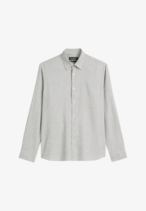 Light gray long-sleeve shirt in a woven fabric. Features a button-down collar, front buttons, and a curved hem. No patterns or embellishments.
