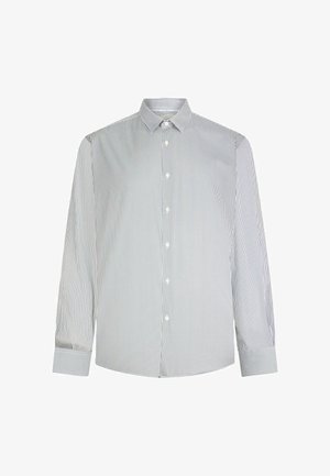 Lange mouwen gestreept shirt in lichtblauw en wit. Heeft een button-down kraag en knopen aan de voorkant. Gemaakt van een gladde stof.