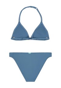 Bikini deux pièces dans une couleur bleu ardoise unie, featuring un haut de bikini triangulaire avec des bretelles réglables et un bas de bikini taille basse assorti.