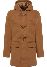 Bruine wollen mix jas met een capuchon, togglesluiting en voorzakken. Heeft een gladde binnenvoering en een rechte snit.