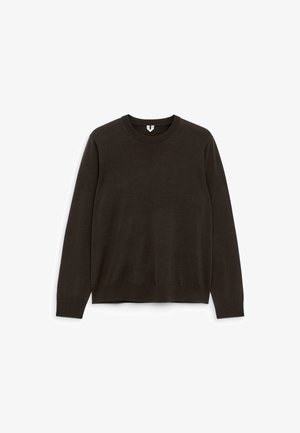 Dunkelbrauner Rundhals-Pullover mit langen Ärmeln, aus weichem Material gefertigt, mit einem schlichten Design sowie einem gerippten Saum und Bündchen.