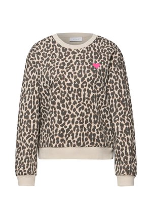 Sudadera con estampado de leopardo y puños y dobladillo beige, con un pequeño corazón rosa en el lado izquierdo del pecho.
