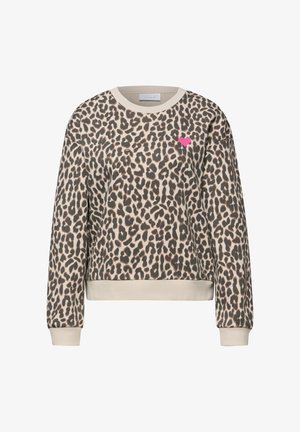 Leopardenmuster-Sweatshirt mit beigen Bündchen und Saum, mit einem kleinen pinkfarbenen Herz auf der linken Brust.