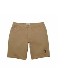 Tan shorts made of cotton with a straight cut. Features a small American flag patch on the left pocket and an embroidered logo on the right leg.