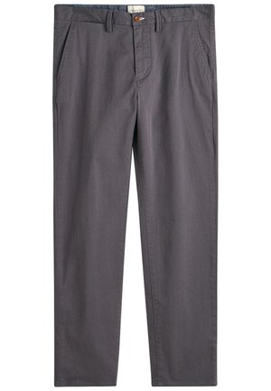 Calças de algodão cinzentas com corte de perna reta, fecho em botão e bolsos laterais. Textura suave com detalhes de costura discretos.