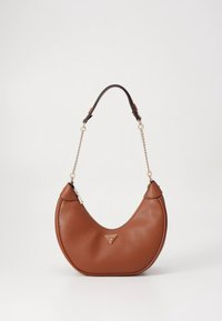 Braune Schultertasche aus Kunstleder mit geschwungener Form, Ketten- und Lederhenkel sowie einem dreieckigen Logo-Akzent auf der Vorderseite.