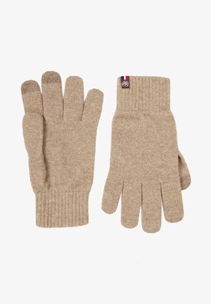 Beige Wollhandschuhe mit geripptem Bündchen, fünf Fingern, strukturierter Oberfläche und einem kleinen Markenetikett mit rot, weiß und blauem Akzent.