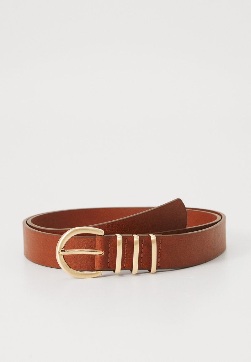 Brown leather belt with a slender design, featuring a gold metal buckle and three adjustable prong holes for fastening. Smooth texture.