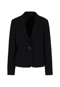 Blazer nero realizzato in tessuto liscio, con rever a lancia, chiusura a un bottone e maniche lunghe. Design semplice con minimi dettagli.