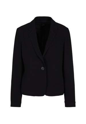 Blazer nero realizzato in tessuto liscio, con rever a lancia, chiusura a un bottone e maniche lunghe. Design semplice con minimi dettagli.
