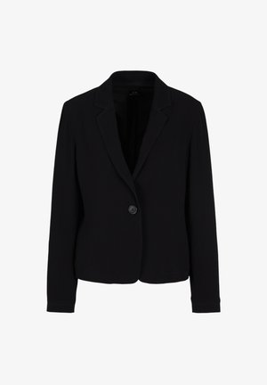 Blazer nero realizzato in tessuto liscio, con rever a lancia, chiusura a un bottone e maniche lunghe. Design semplice con minimi dettagli.