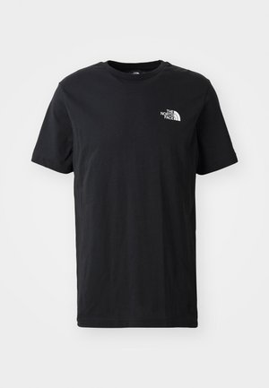 Black cotton t-shirt with short sleeves, crew neck, featuring a small white logo on the left chest. Soft texture, casual fit.