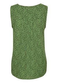 Top sin mangas verde con pequeño patrón floral negro, escote redondo y corte holgado.