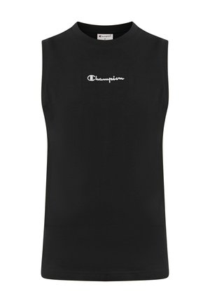 Maglietta atletica nera senza maniche con logo Champion ricamato bianco centrato sul petto e scollo tondo.