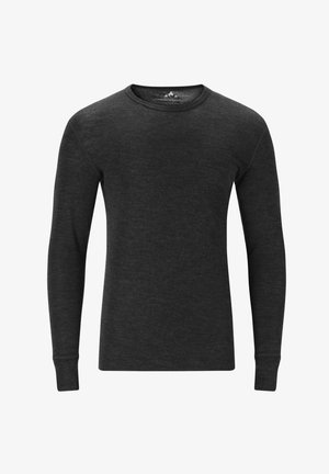 Långärmad tröja i mörkgrått, tillverkad av mjukt tyg. Har rund halsringning och åtsittande mudd. Enkel design utan synliga logotyper eller mönster.