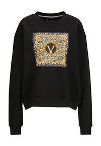 Zwarte sweatshirt met een cropped ontwerp, voorzien van een gedurfde vierkante grafische print van een luipaard met een oranje rand en een centraal "V" logo.