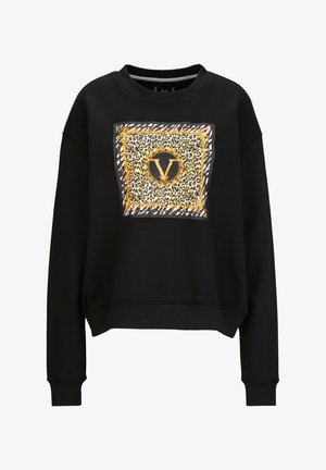 Zwarte sweatshirt met een cropped ontwerp, voorzien van een gedurfde vierkante grafische print van een luipaard met een oranje rand en een centraal "V" logo.