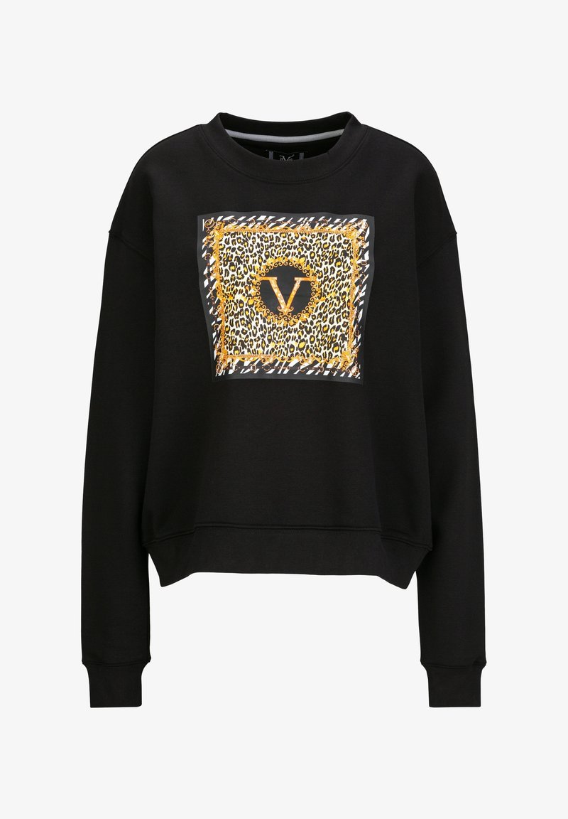 Zwarte sweatshirt met een cropped ontwerp, voorzien van een gedurfde vierkante grafische print van een luipaard met een oranje rand en een centraal "V" logo.