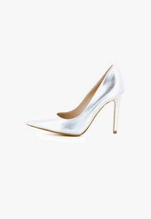 Zilverkleurige metallic pumps met spitse neus en stilettohak, glad afgewerkt, zijdelings getoond op een witte achtergrond.